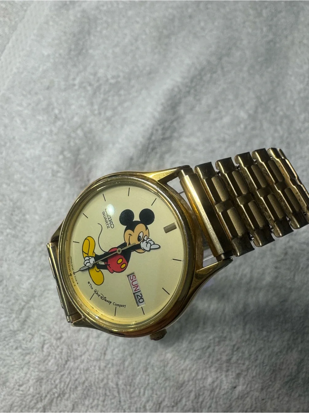 Seiko Gold Tone Mickey Mouse Dial Watch with Red and Yellow Accents